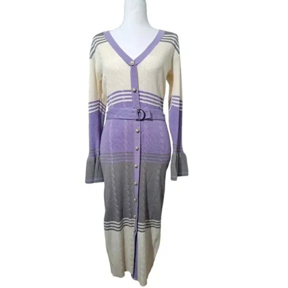 Belted Lavender & White Striped Sweater Dress